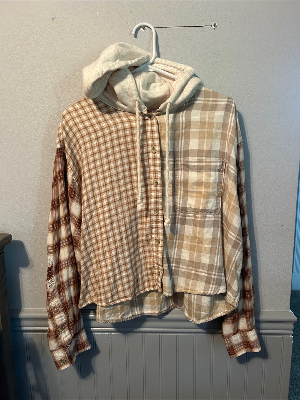American Eagle Outfitters Cream and Brown Plaid Hooded Shirt